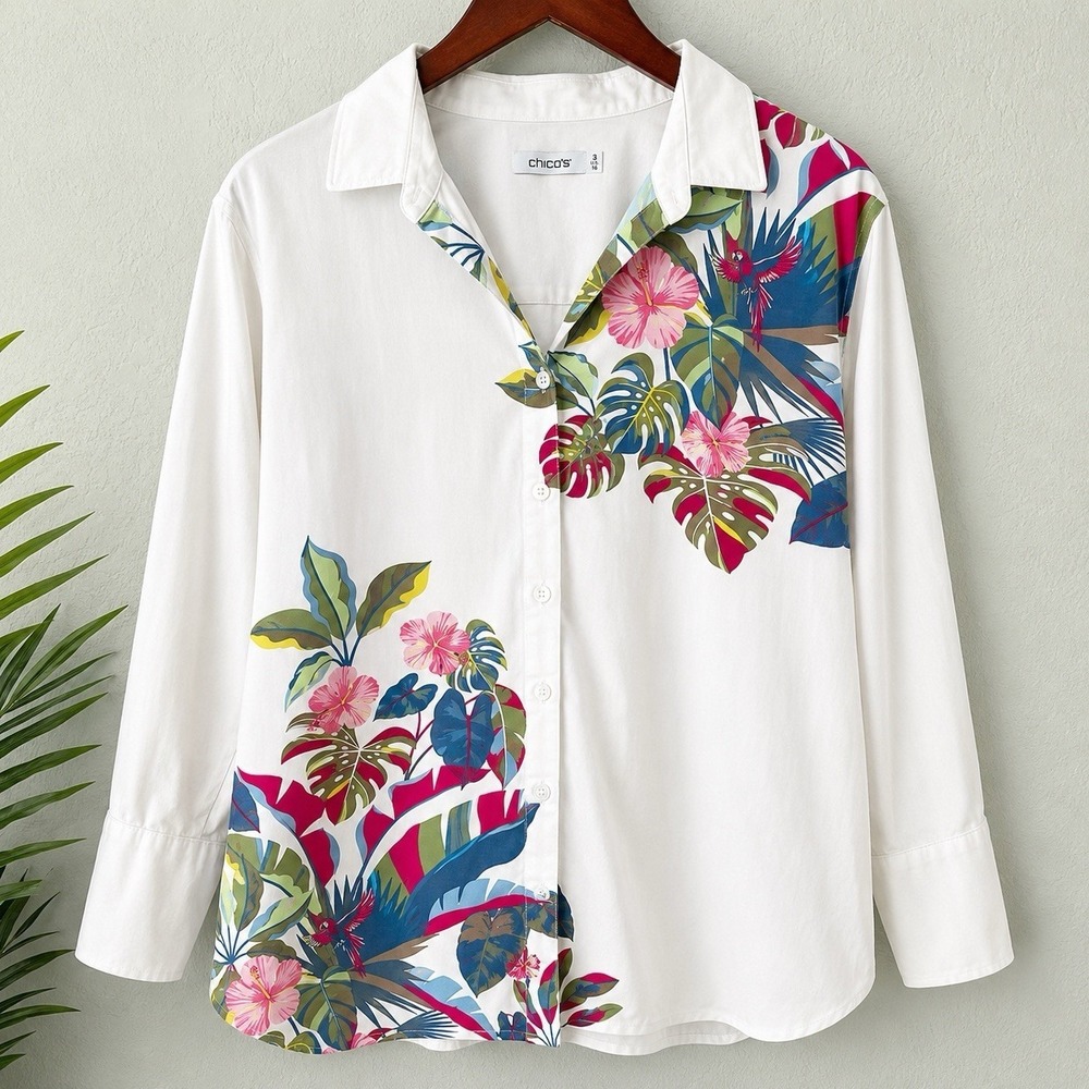 Chico's Size 3 US 16 Tropical Floral Parrot Button Front Shirt Cotton Stretch